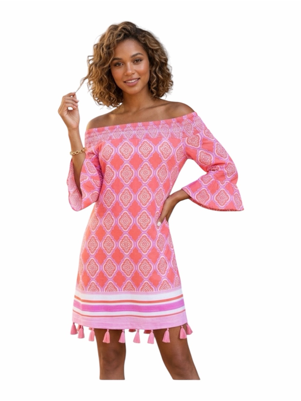 Cabana Life Coral Geo Off  The Shoulder Dress Size L  Beach Boho UPF 50+ NWT